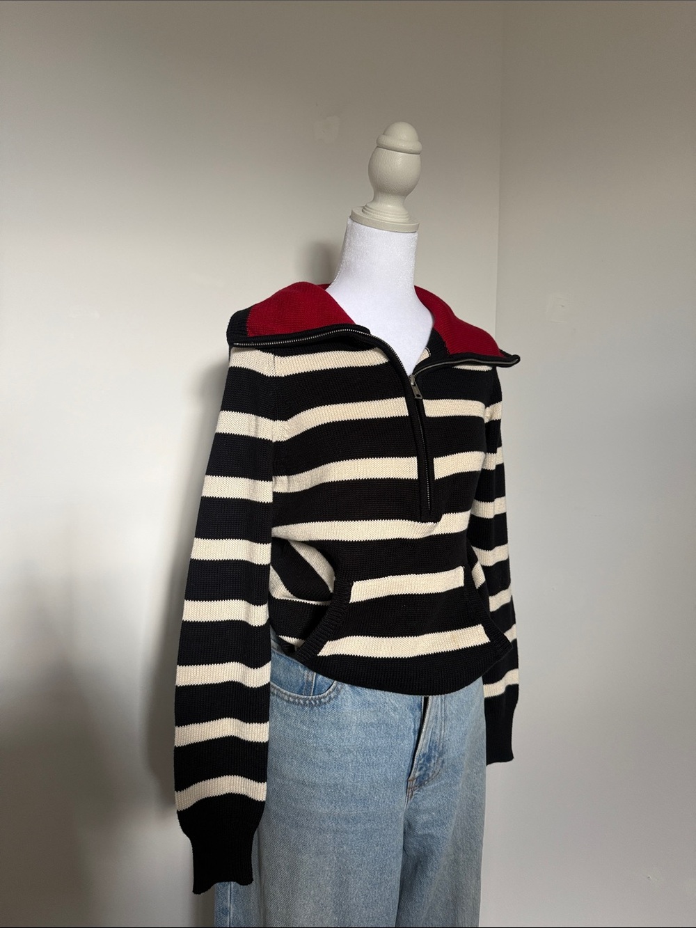 Lauren by Ralph Lauren Striped Knit Half-Zip Sweater with Red Collar